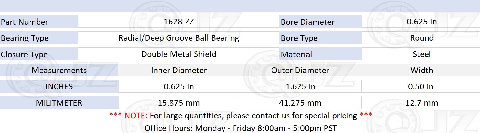 [10-Pk] 1628-ZZ Radial/Deep Groove Ball Bearing 0.625in x 1.625in x 0.5in Metal