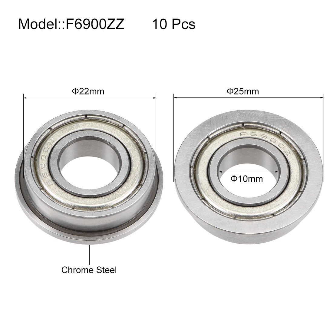 F6900ZZ Flange Ball Bearing Double Shielded Chrome Bearings 10Pcs