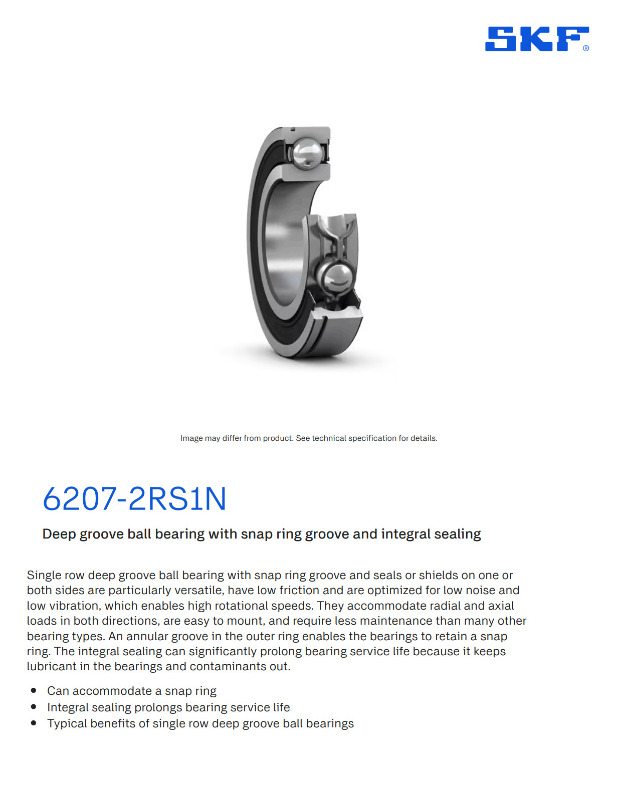 One (1) SKF 6207 2RS1N Deep Groove Bearing w Snap Ring 35MM ID Malaysia NEW