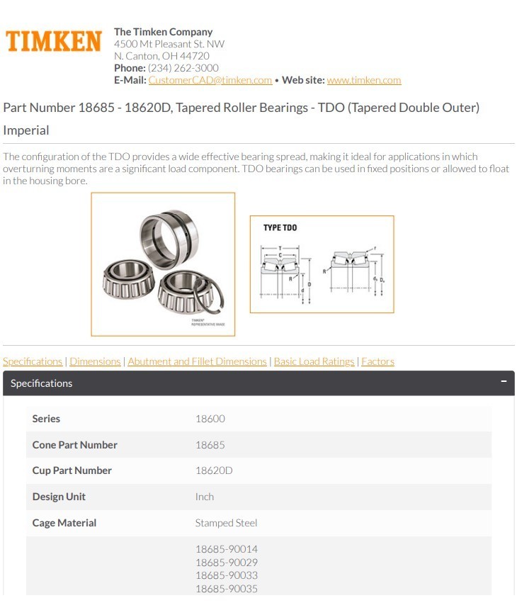 One (1) Timken 18685/ 18620D Tapered Roller Bearings 1-3/4″ ID USA NEW