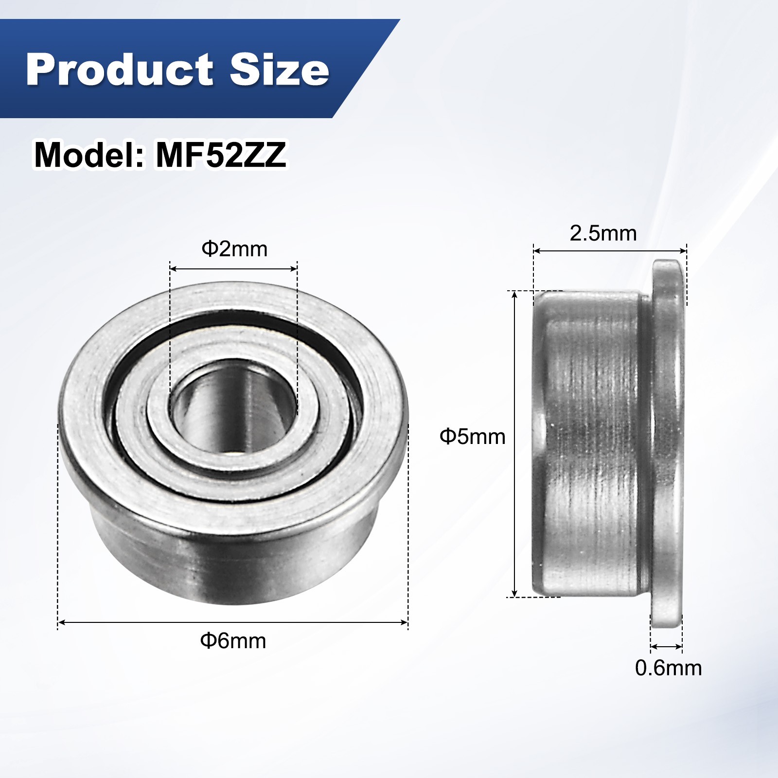 4-Pack MF52ZZ Flanged Ball Bearing, 2x5x2.5mm Metal Sealed Chrome Steel