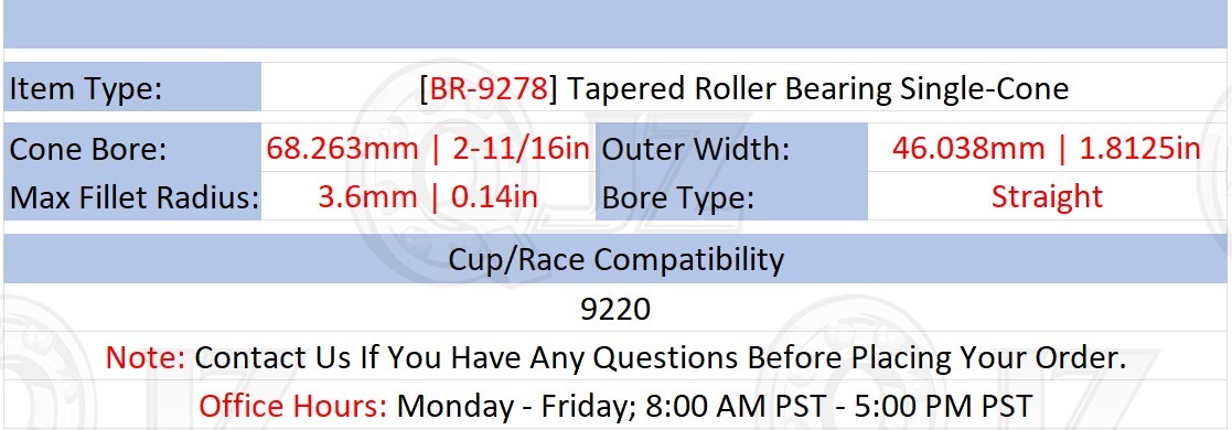 [Qty.1] New BR-9278 Tapered Roller Bearing Single-Cone [2-11/16″ ID x 1.8125″ W]