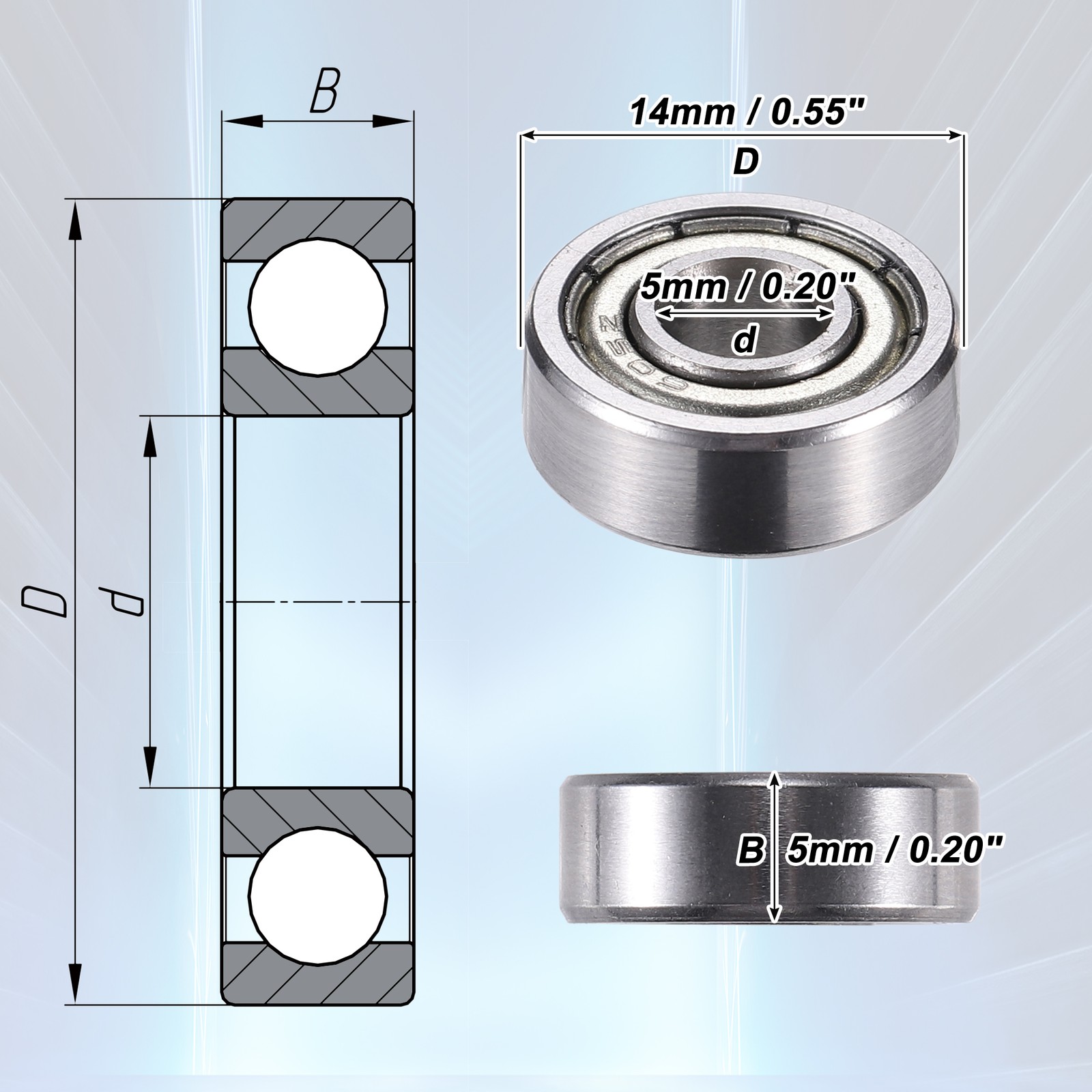 10pcs 605ZZ 5x14x5mm Double Metal Shield Single Row Deep Groove Ball Bearings