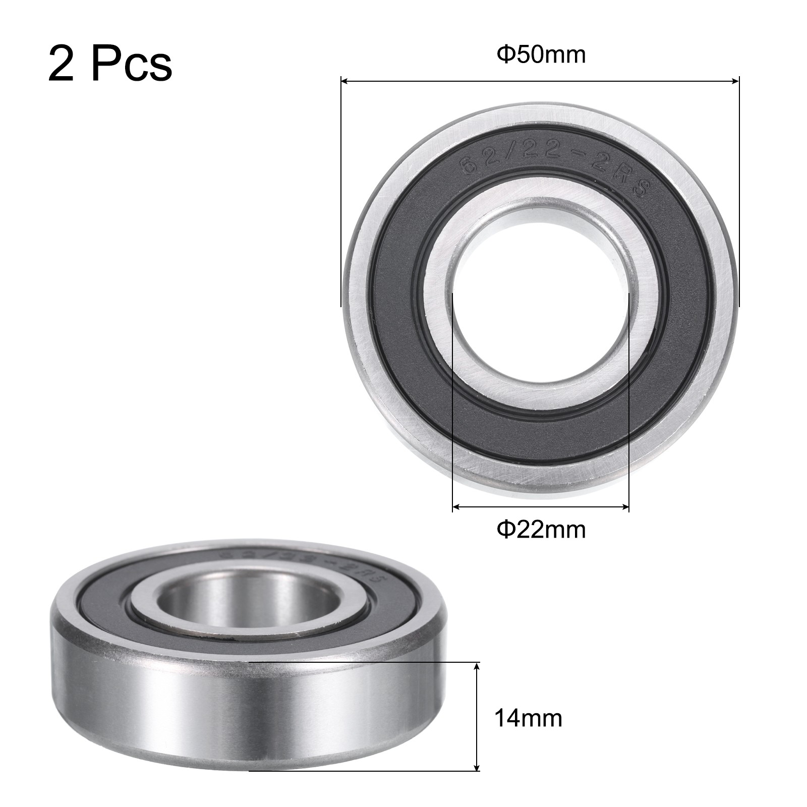 Deep Groove Ball Bearings 62/22-2RS,22x50x14 Rubber Seal Bearings 2 PCS