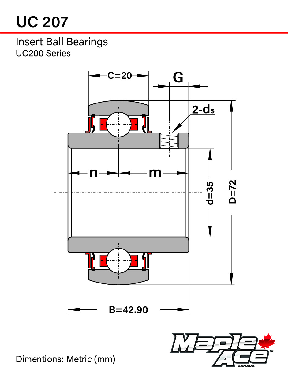 UC207 Insert Bearing 35mm Bore, Spherical OD, Set Screws, Lube Hole (Qty 1)