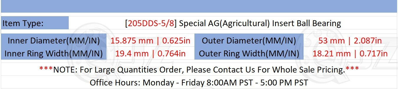 [Qty.10] New 205DDS-5/8 Special Ag Insert Ball Bearing [5/8in Bore x 2.087in OD]