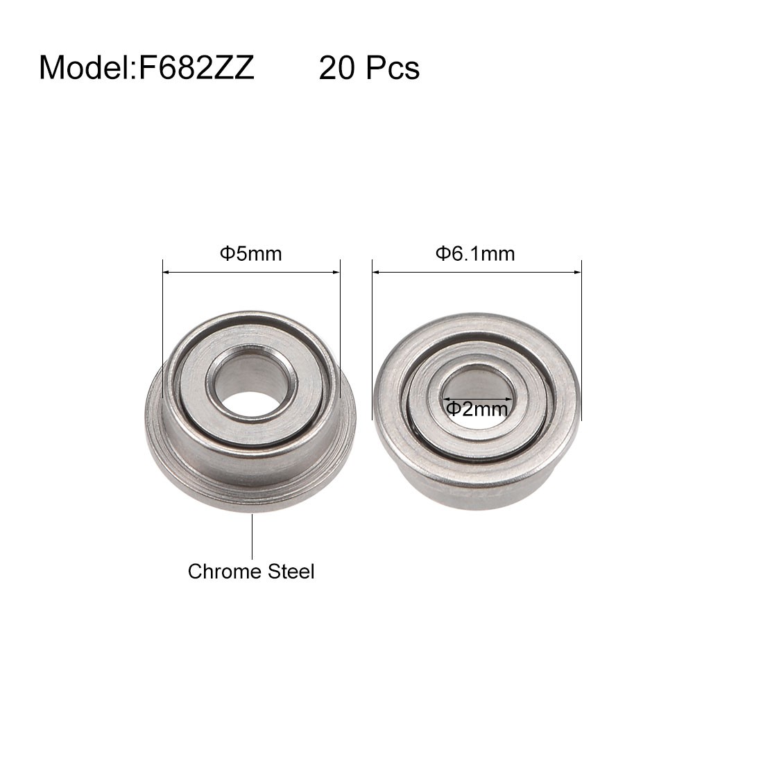20pcs F682ZZ Flanged Ball Bearing 2x5x2.3mm Shielded Chrome Bearings