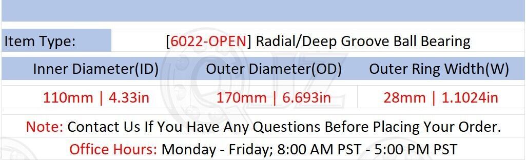 [Qty.100] 6022-OPEN Radial/Deep Groove Bearing [110mm Bore x 170mm OD x 28mm W]