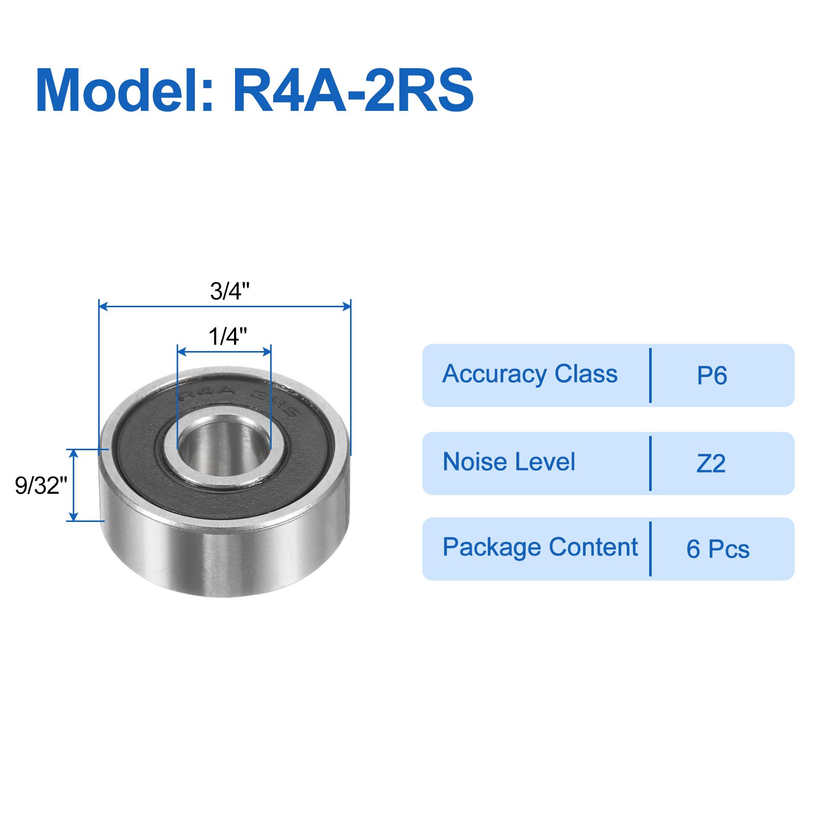 6pcs R4A-2RS 1/4″ ID x 3/4″ OD x 9/32″ Height Z2 Ball Bearings Silver Tone
