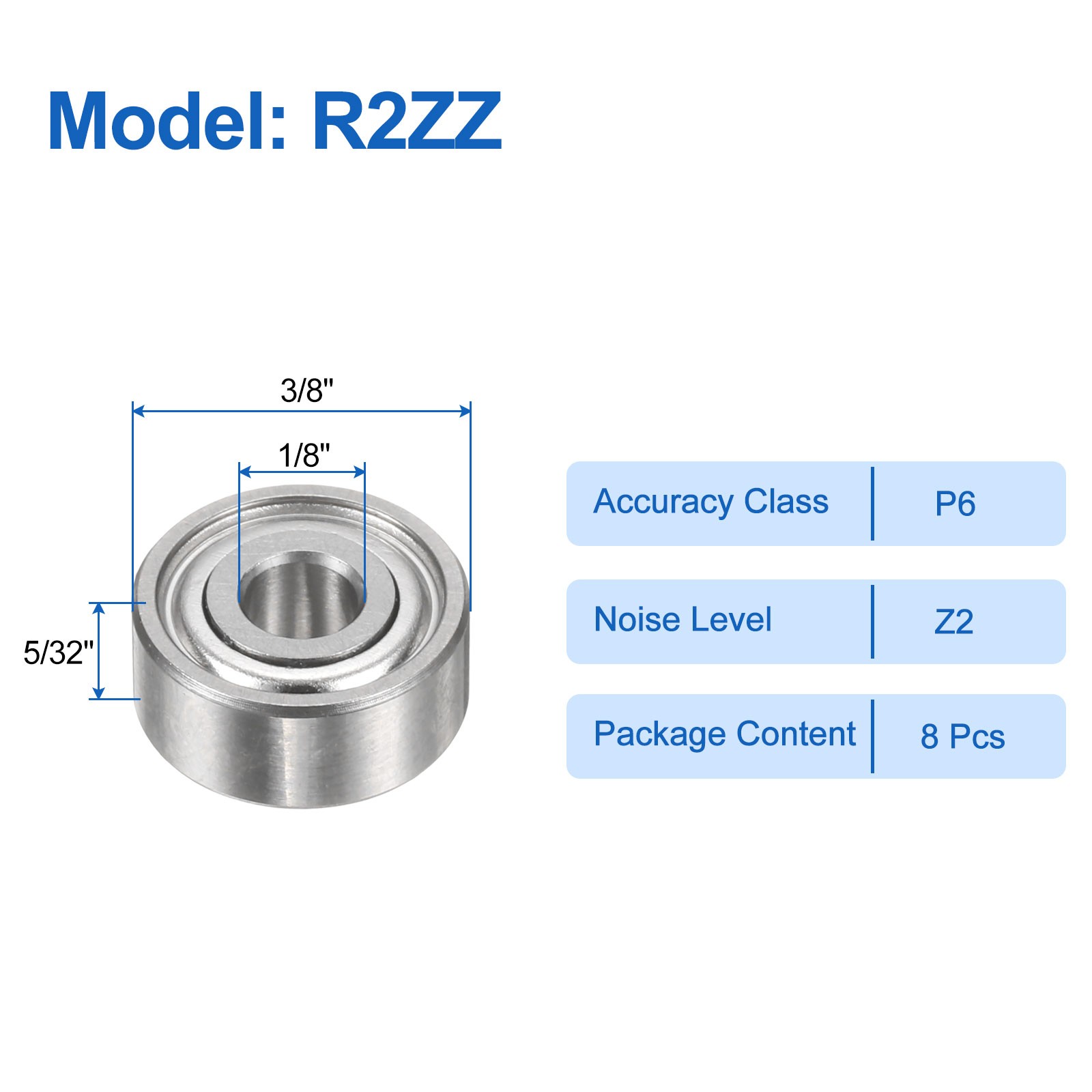 8pcs R2ZZ 1/8″ ID x 3/8″ OD x 5/32″ Height Z2 Ball Bearings, Silver Tone