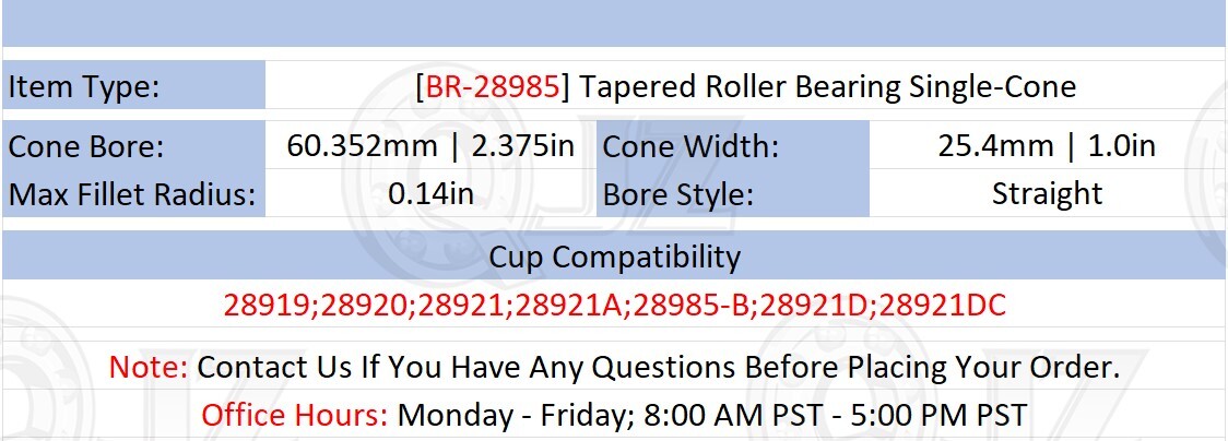 [Qty.2] New BR-28985 Tapered Roller Bearing Single-Cone [2-3/8in ID x 1.0in W]