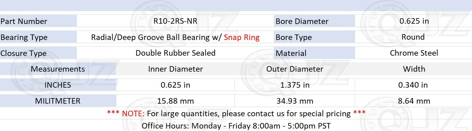 [50-Pack] R10-2RS-NR Radial/Deep Groove Ball Bearing 0.625in x 1.375in x 0.340in