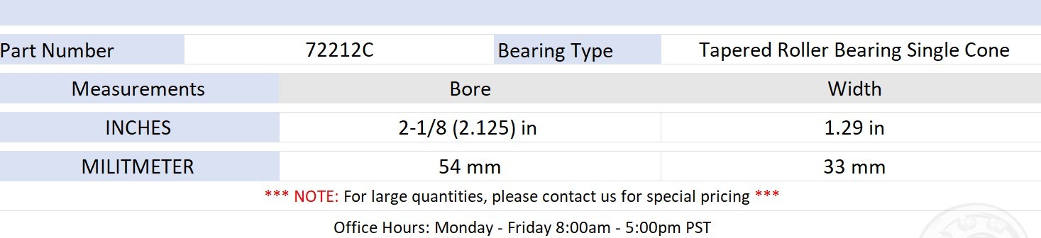 [2-Pack] 72212C Tapered Roller Bearing Single Cone [2-1/8 in Bore x 1.29 in W]