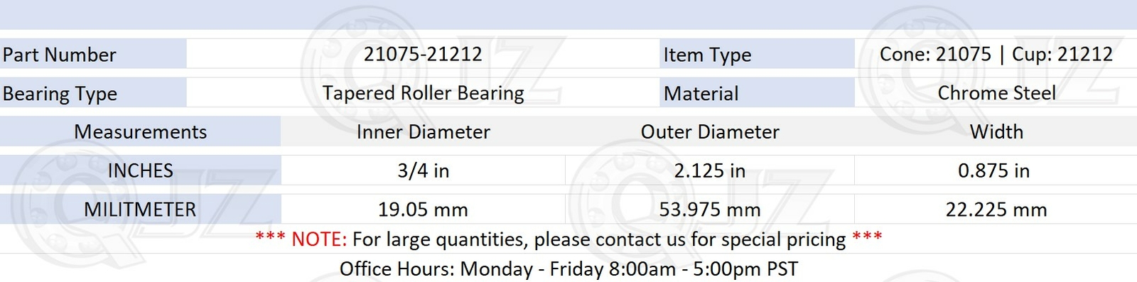 [2-Pack] 21075-21212 Tapered Roller Bearing Set 3/4″ x 2.125″ x 0.875″ (IDxODxW)