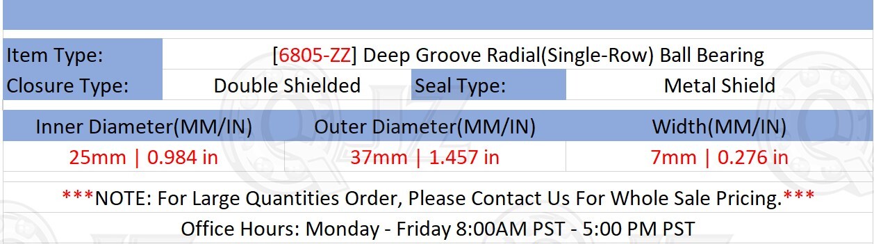 [Qty.8] 6805-ZZ Deep Groove Radial Ball Bearing [25mm Bore x 37mm OD x 7mm W]