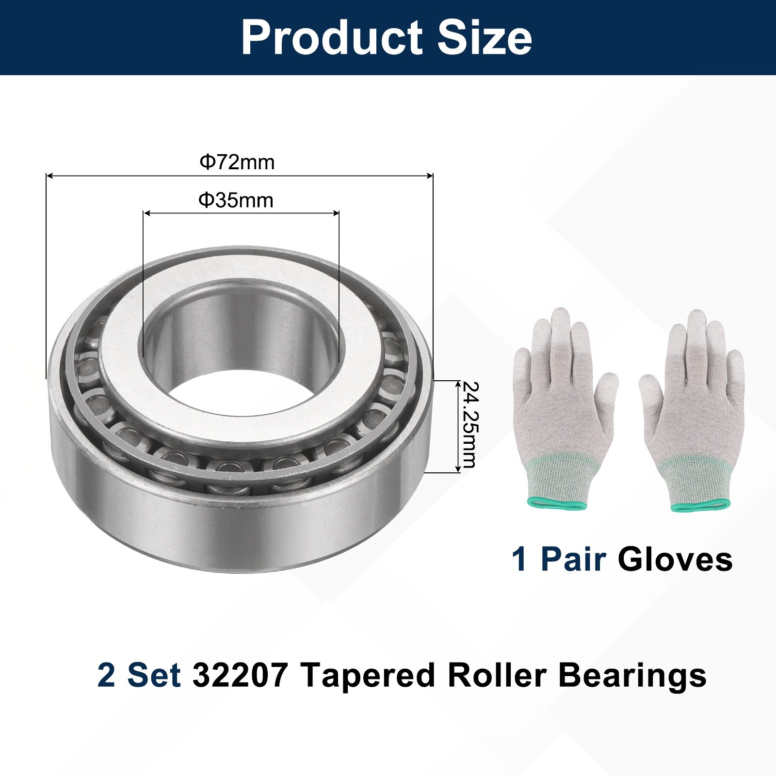 2Set 32207 Tapered Roller Bearing Cone and Cup with Gloves, 35mm Bore x 72mm OD
