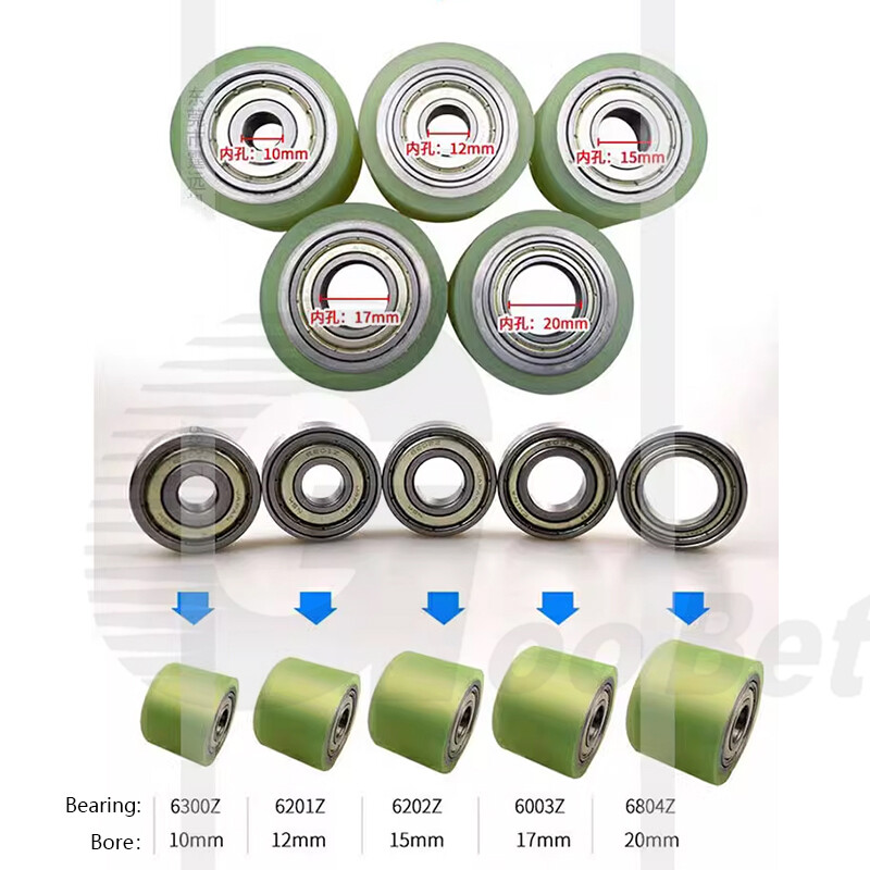 50mm Polyurethane Iron Core Roller Two Bearings PU Flat Belt Idler Guiding Wheel