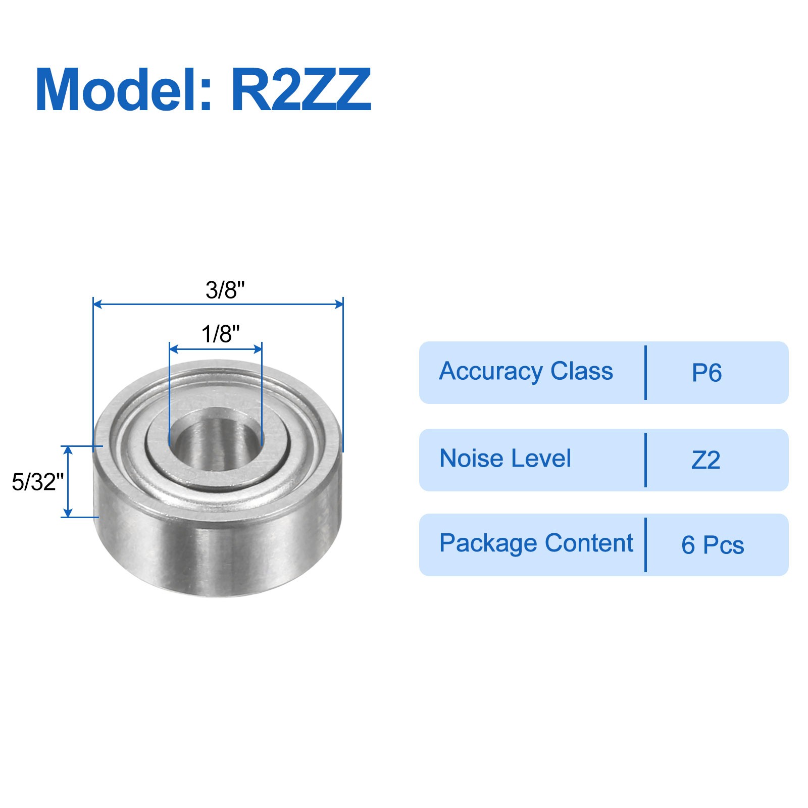 6pcs R2ZZ 1/8″ ID x 3/8″ OD x 5/32″ Height Z2 Ball Bearings, Silver Tone