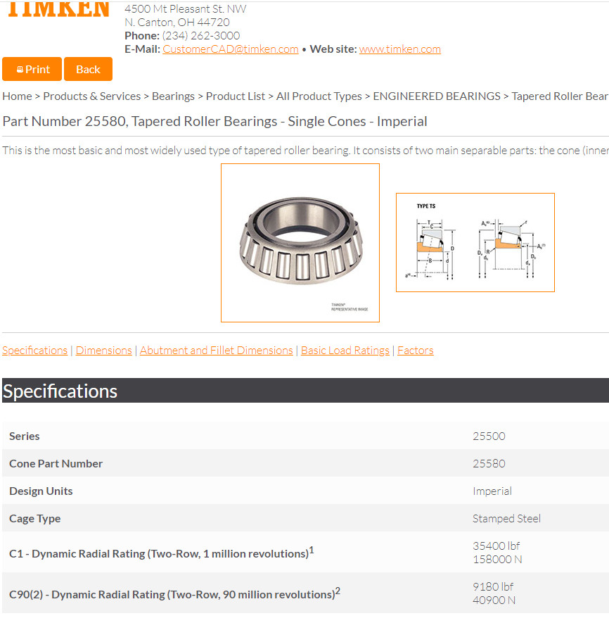 One (1) Timken 25580-20024 Tapered Roller Bearing Cone 1-3/4″ ID NEW