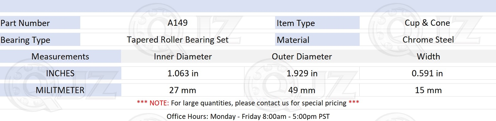 [1-Pack] A149 Tapered Roller Bearing Set Cone & Cup [1.06 in Bore x 1.929 in OD]