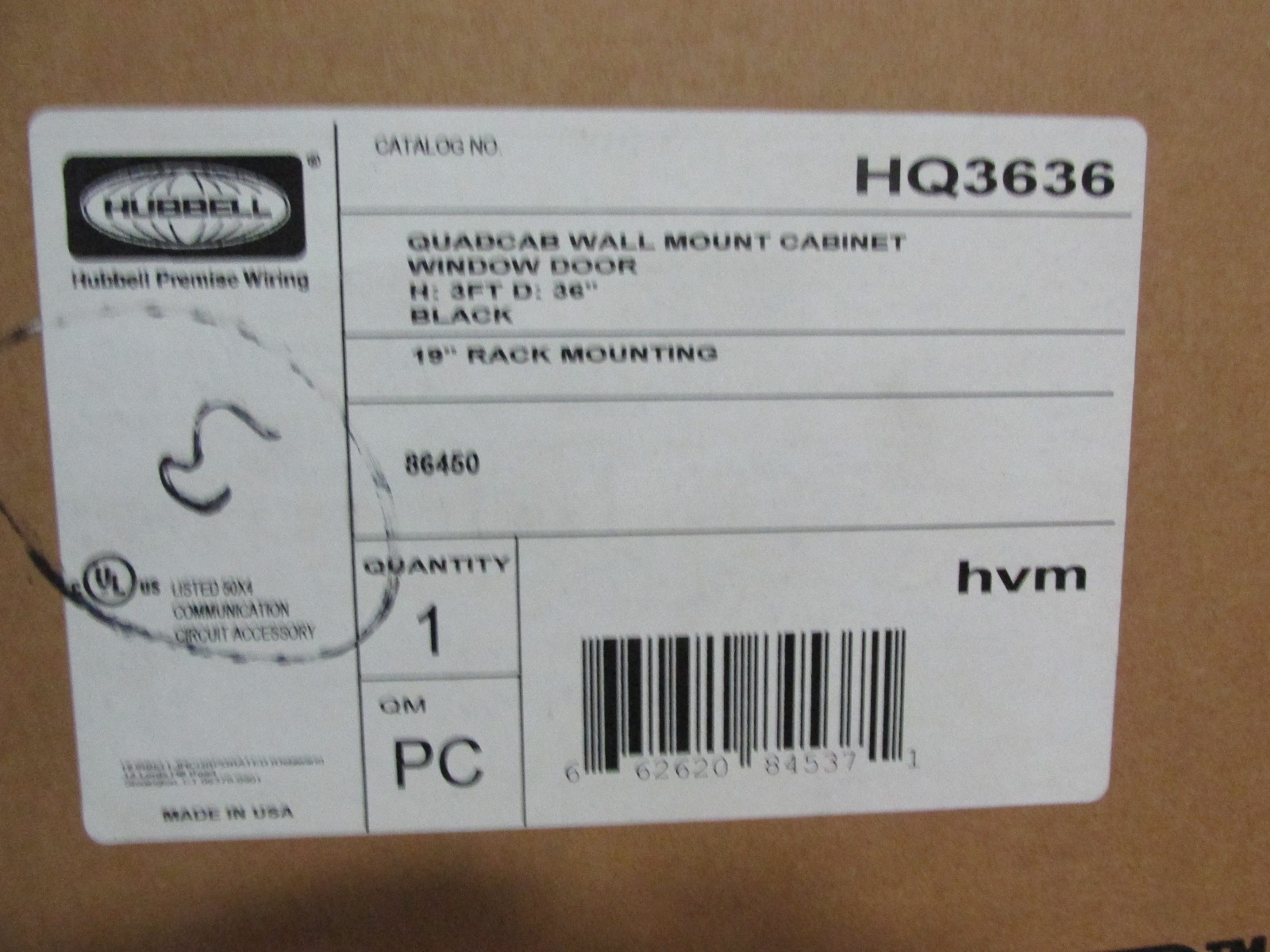 Hubbell Black Quad Cab Wall Mount Cabinet Window Door HQ3636 41573 LR