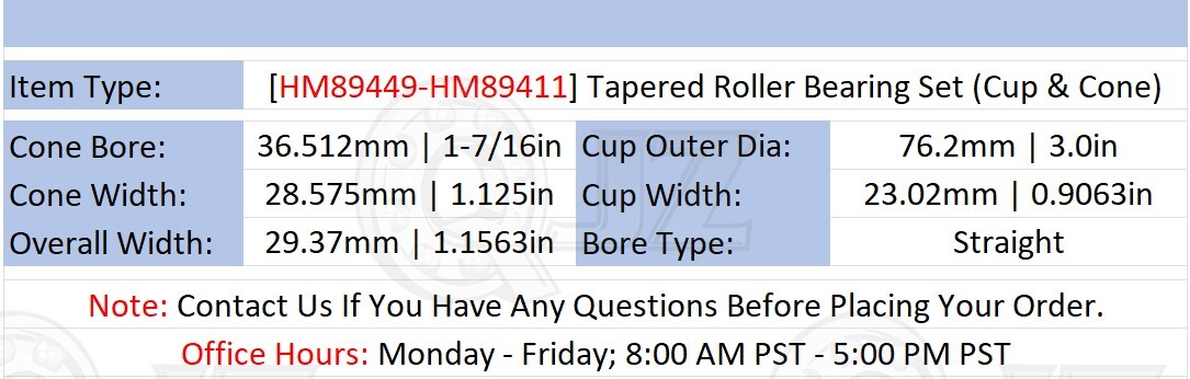 [Qty.2] HM89449-HM89411 Tapered Roller Bearing Set [1-7/16″ Bore x 1.1563″ W]