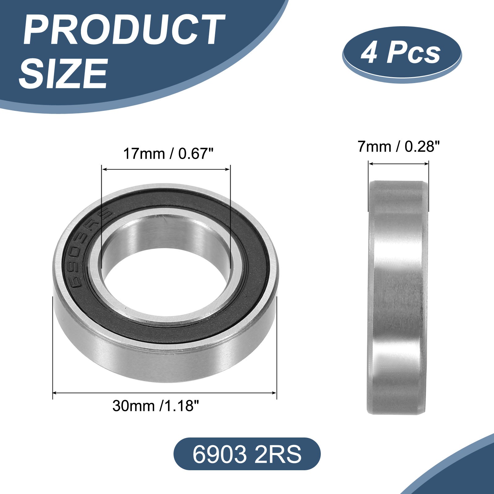 4 Pack 17x30x7mm 6903 2RS Deep Groove Ball Bearings Chrome Steel Double Shield