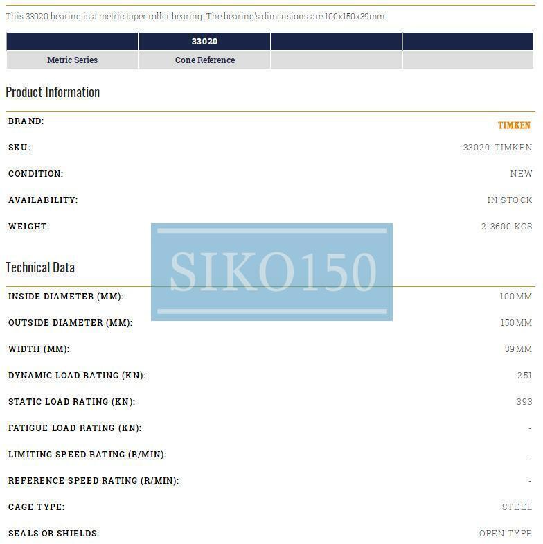 1PC NEW TIMKEN 33020 Taper Roller Bearing 100x150x39mm. #SK