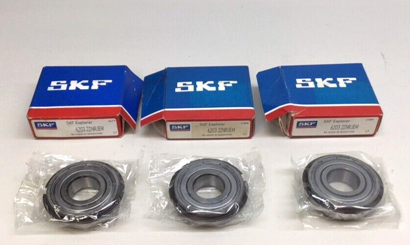 SKF 6203 2ZNRJEM Ball Bearing Deep Groove 17mm ID X 40mm OD X 12mm W (Pack of 3)