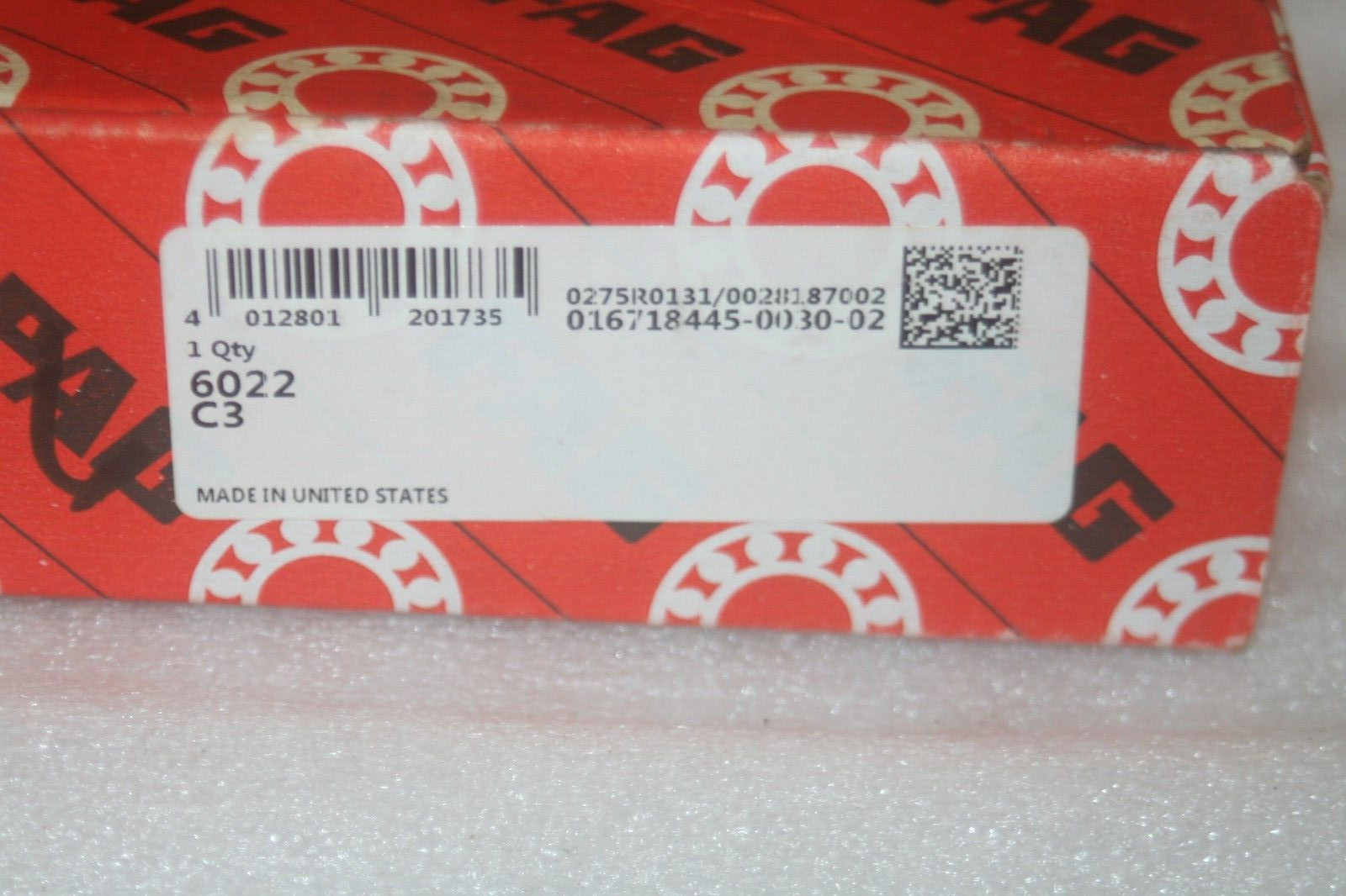 FAG 6022-C3 Deep Groove Bearing Open 110x170x28 mm Made in USA * NEW *