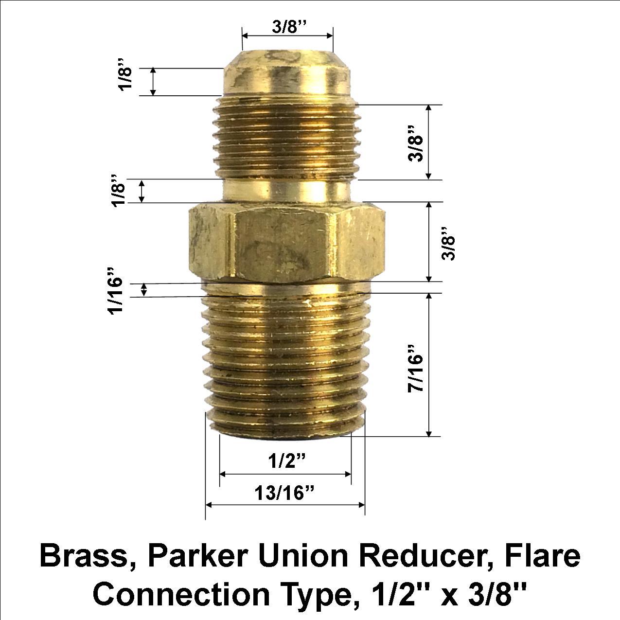Brass, Parker Union Reducer, Flare Connection Type, 1/2″ x 3/8″ Tube Size
