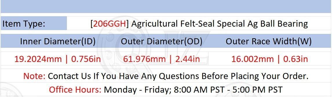 [Qty.1] 206GGH Agricultural Special AG Bearing [0.756″ ID x 2.44″ OD x 0.63″ W]