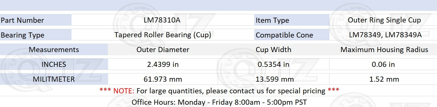 [Qty.1] LM78310A Tapered Roller Bearing Outer Cup 2.44″ (Outer) x 0.535″ (Width)