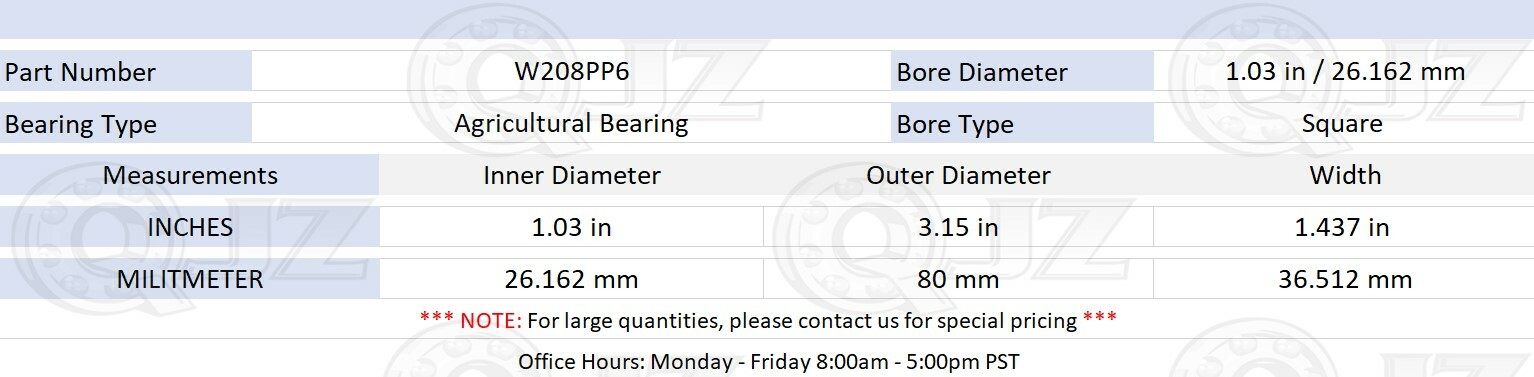 [Qty.1] W208PP6 Agricultural Bearing Straight Square Bore 1.03″ x 3.15″ x 1.437″