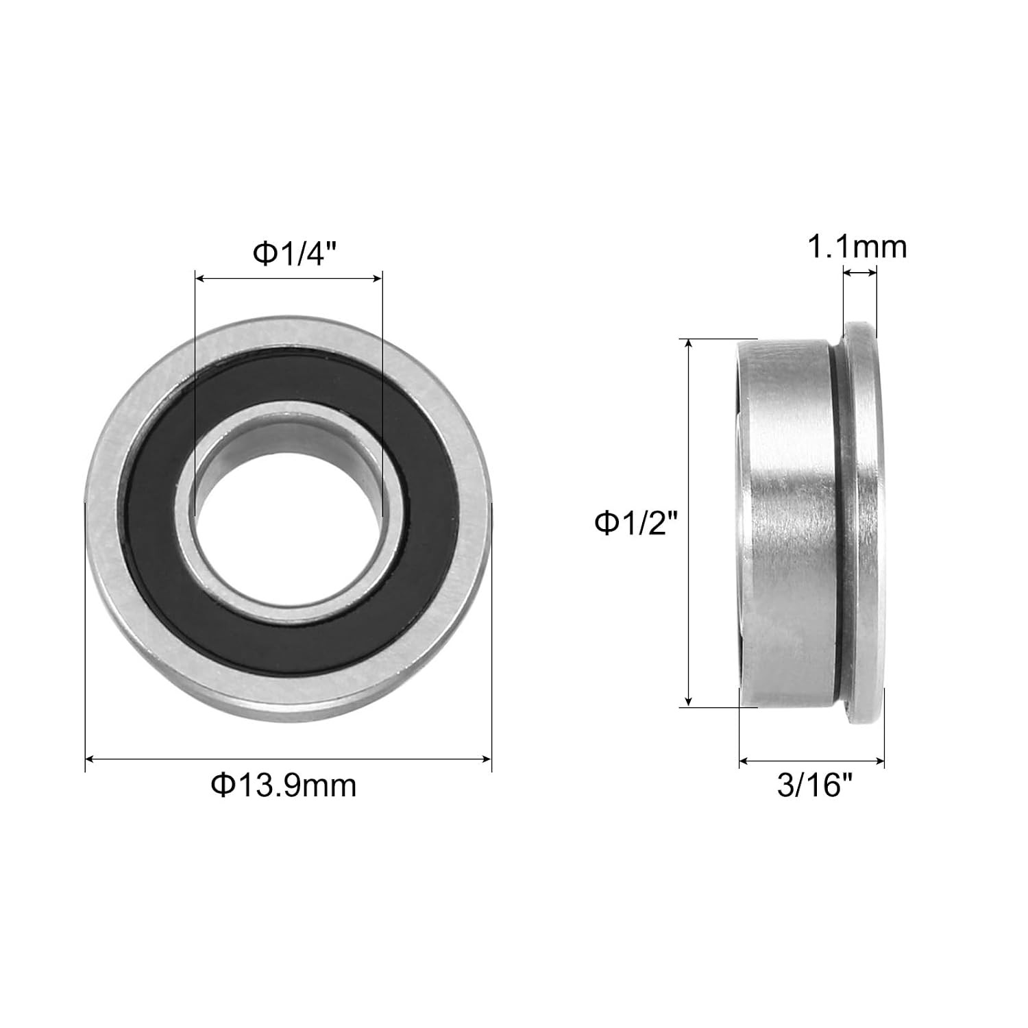 FR188-2RS Flanged Ball Bearing 1/4 X 1/2 X 3/16 Inch Double Sealed Chrome Steel