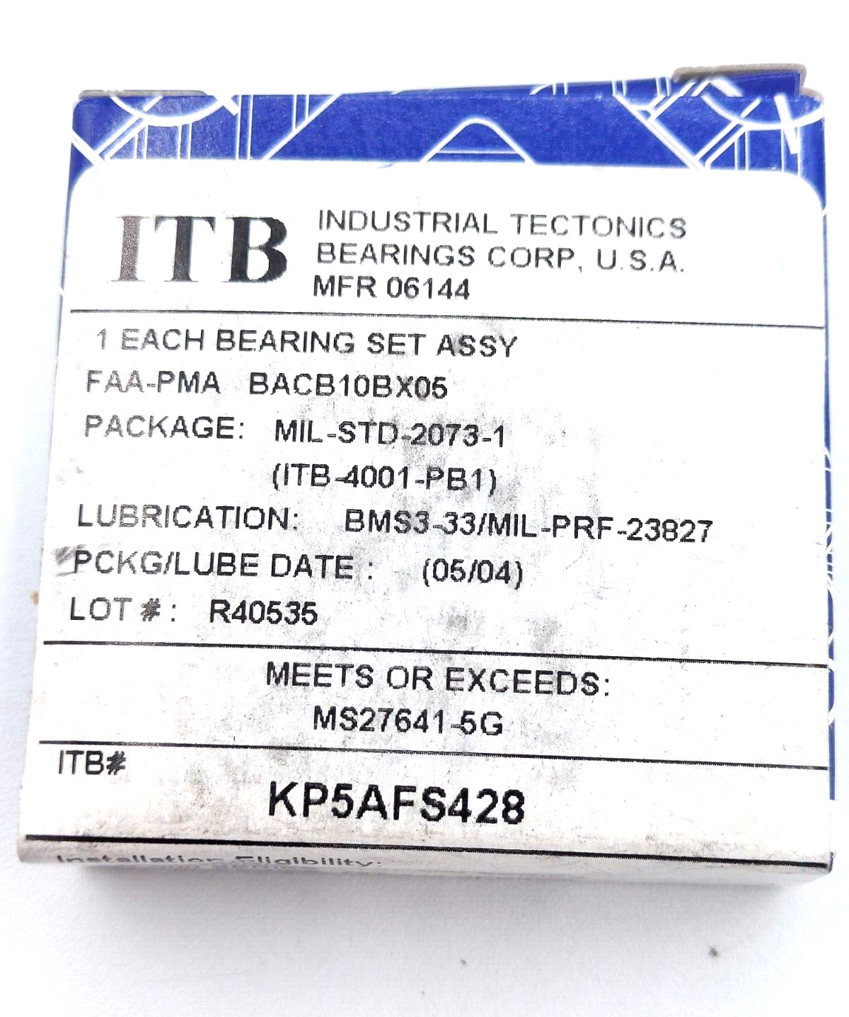 ITB Fafnir KP5AFS428 RBC BACB10BX05 Single Row Ball Bearing KP5A FS428 *NOS*