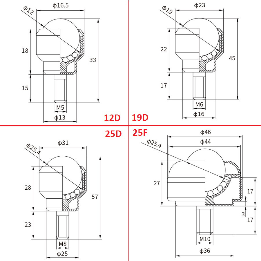 Ball Transfer Bearing Unit Conveyor CY-12D~CY-40F Male Thread Bolt M5 M6 M8 M10