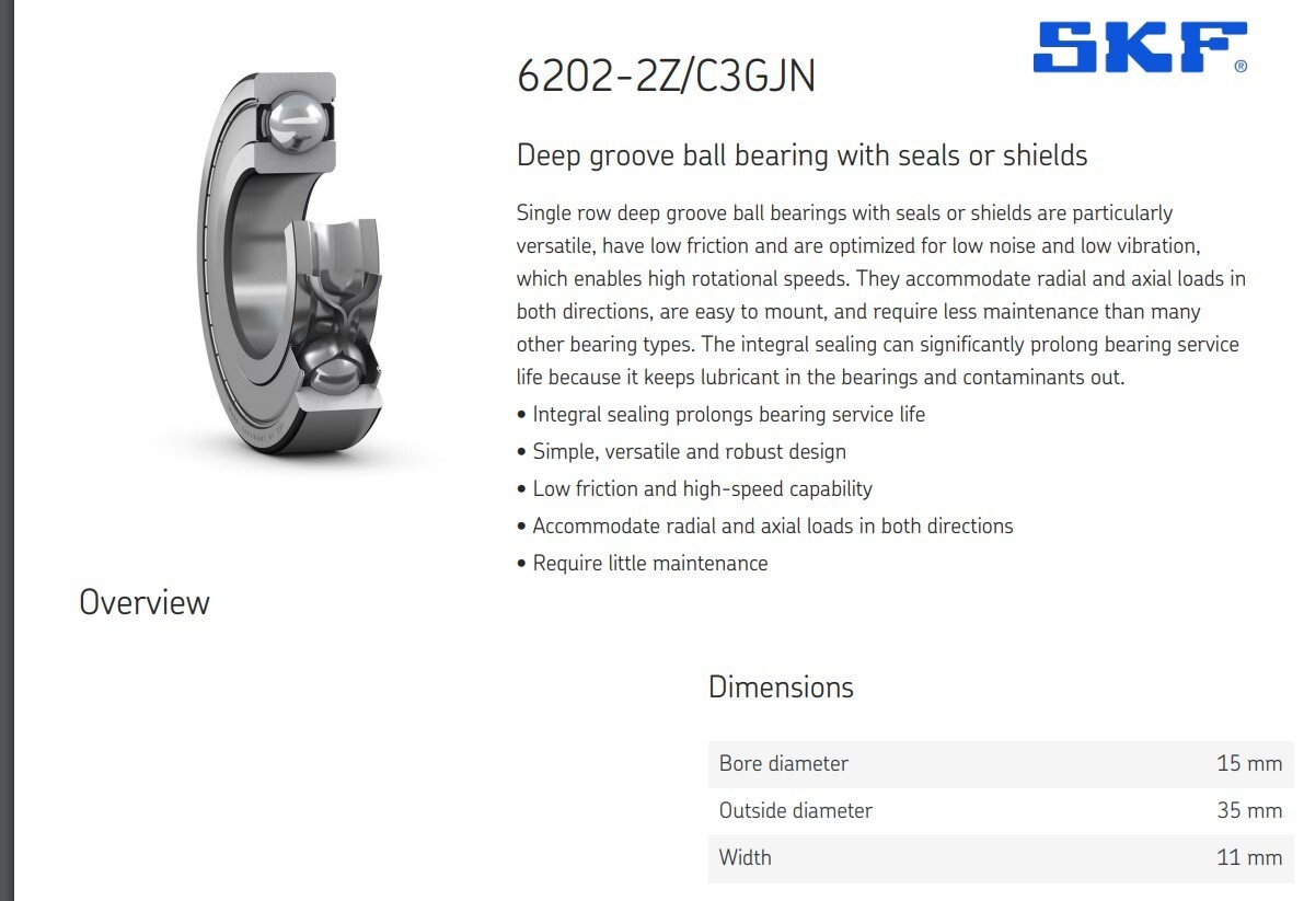 One (1) SKF 6202 2Z/C3GJN Deep Groove Bearing 15 MM ID Argentina NEW
