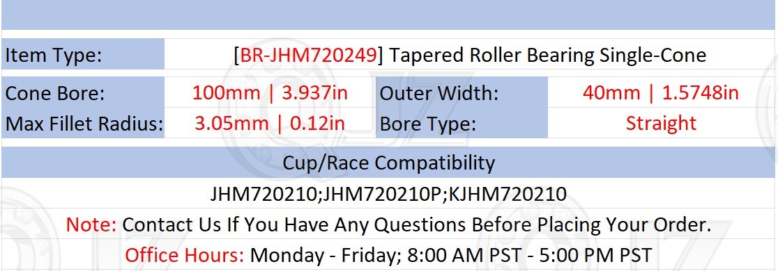 [Qty.2] JHM720249 Tapered Roller Bearing Inner Single-Cone [100mm ID x 40mm W]