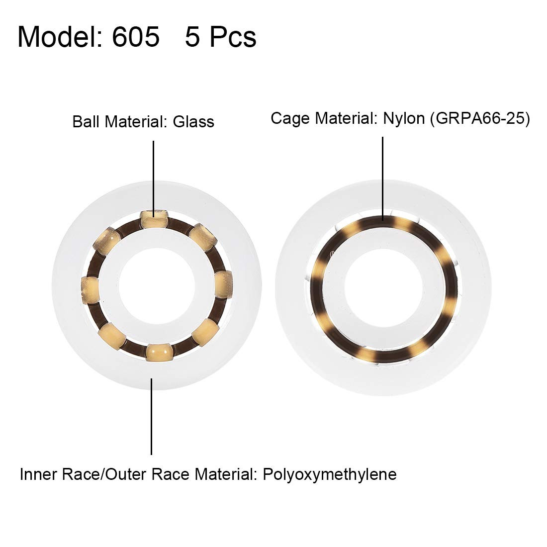 Uxcell 605 Plastic Bearings 5X14X5Mm Glass Ball Nylon Cage 5Pcs