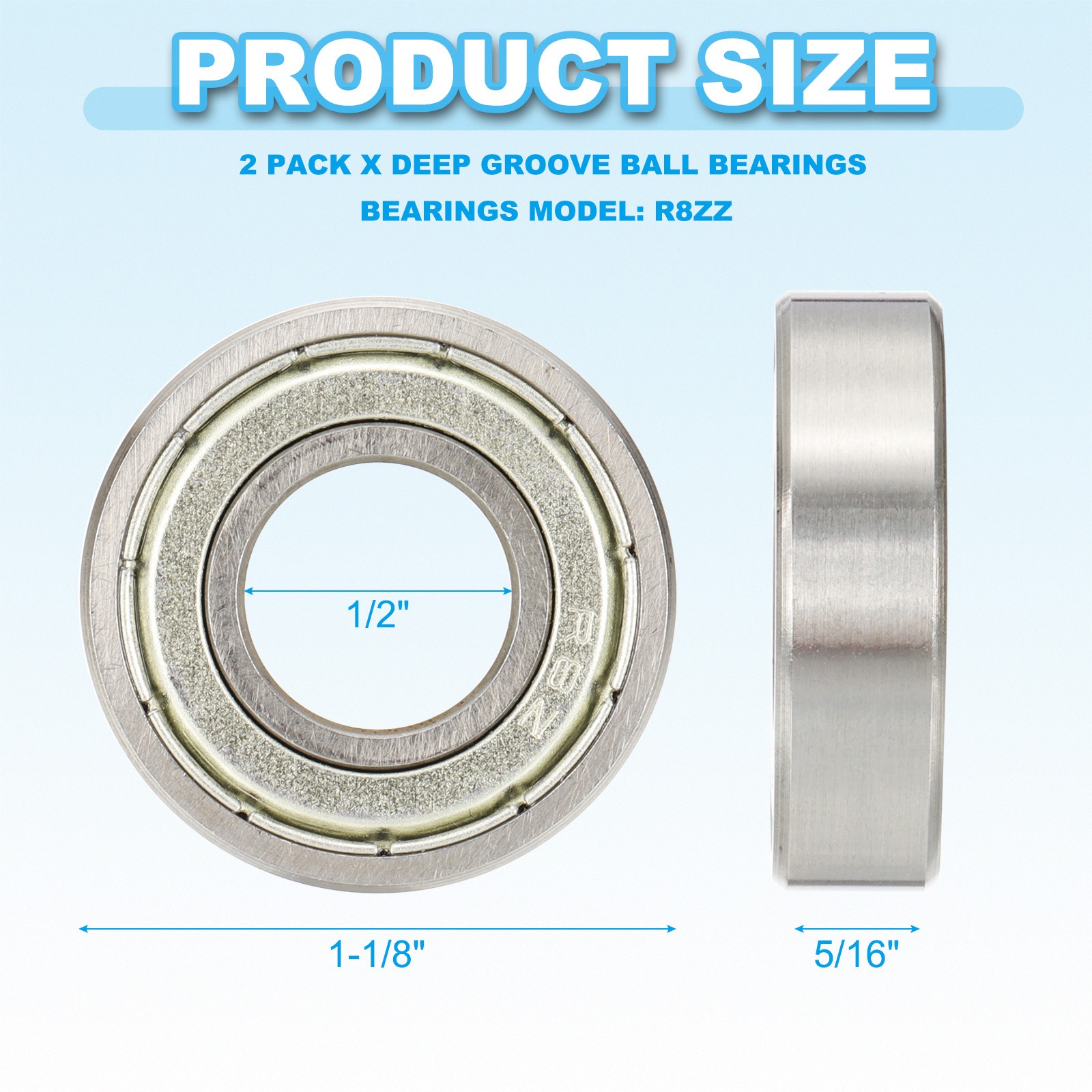 2pcs R8ZZ Deep Groove Ball Bearing 1/2″ x 1-1/8″ x 5/16″ Double Rubber Sealed
