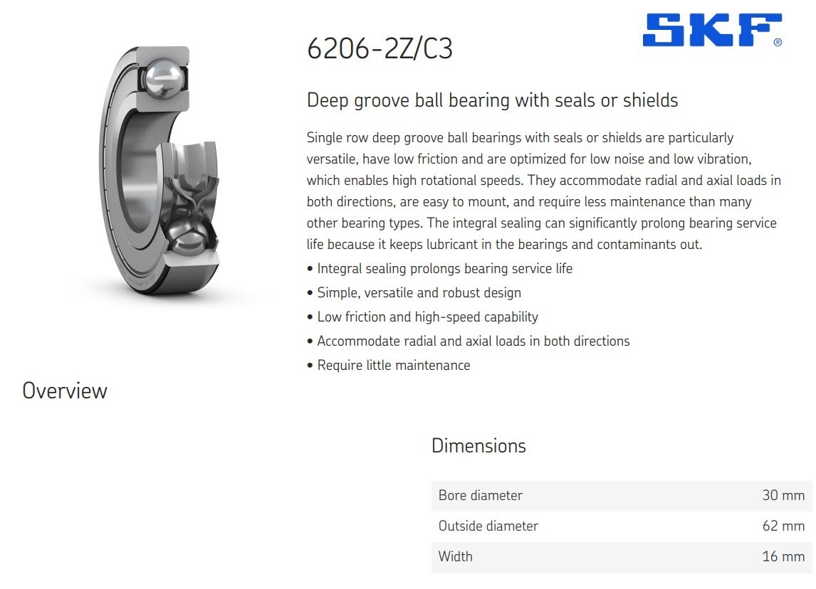 One (1) SKF 6206 2Z/C3 Radial Deep Groove Bearing 30 MM ID Malaysia NEW
