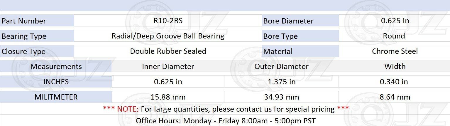 [10-Pack] R10-2RS Radial/Deep Groove Ball Bearing 0.625in x 1.375in x 0.340in