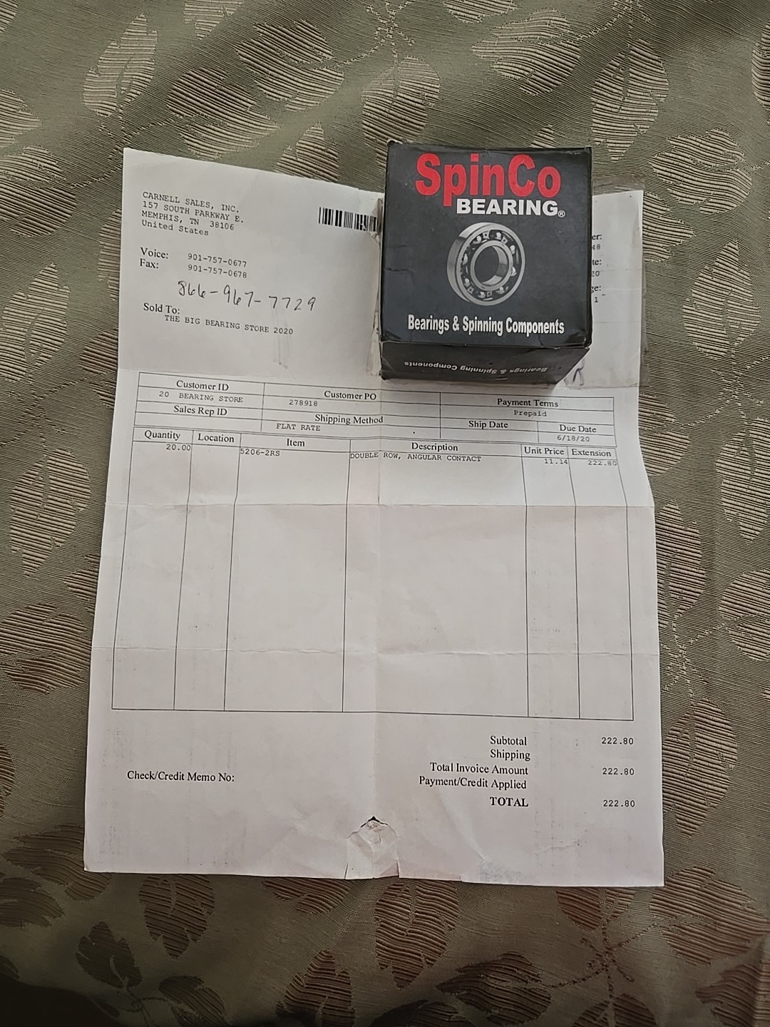 SpinCo 5206-2RS Double Row, Angular Contact Bearing