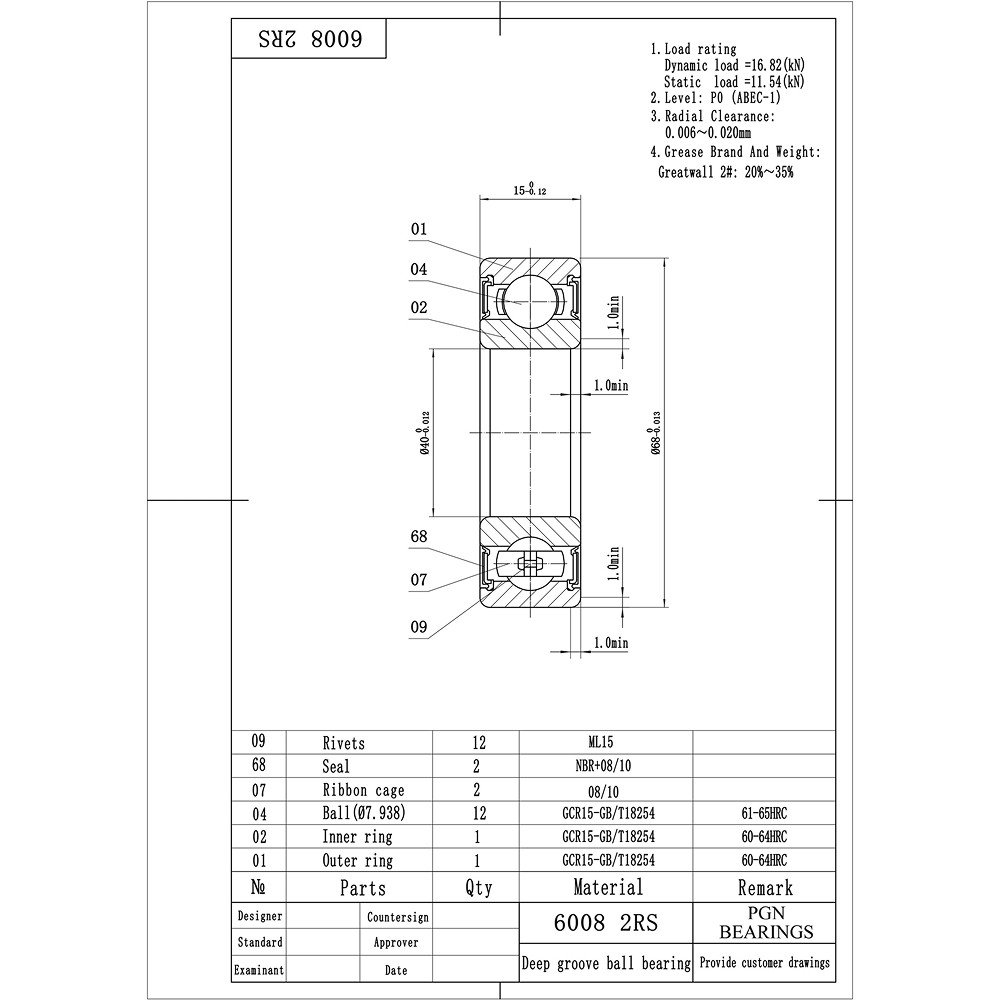 (50) 6008-2RS Premium Rubber Seal Ball Bearing C3 EMQ, 40x68x15, 6008 2RS 6008rs