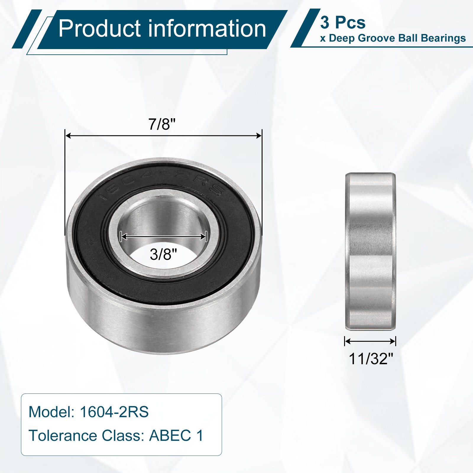 3Pcs 1604-2RS Deep Groove Ball Bearing, 3/8″ x 7/8″ x 11/32″ Sealed Bearing