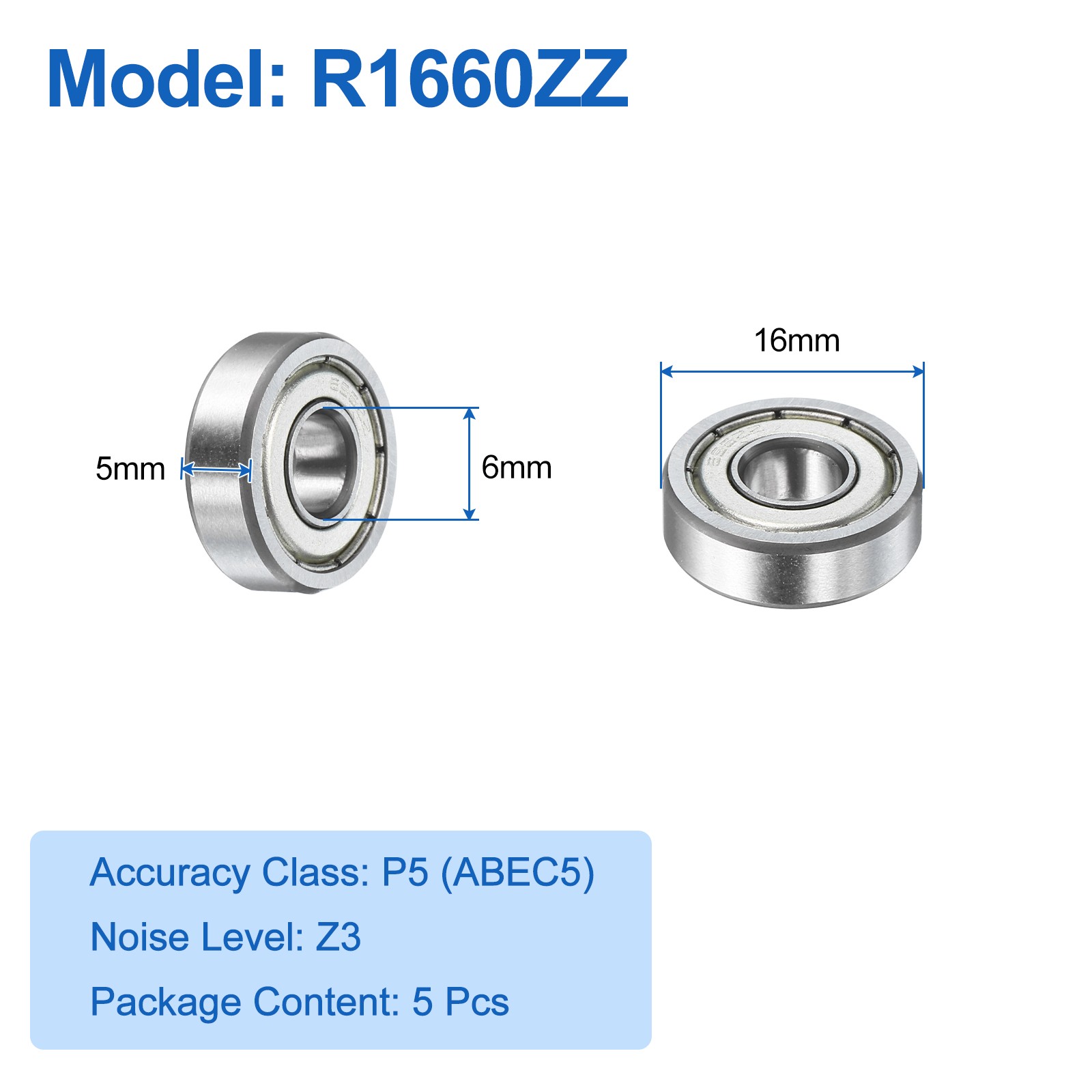 5Pcs R1660ZZ Deep Groove Ball Bearings 6x16x5mm Double Metal Shielded Z3