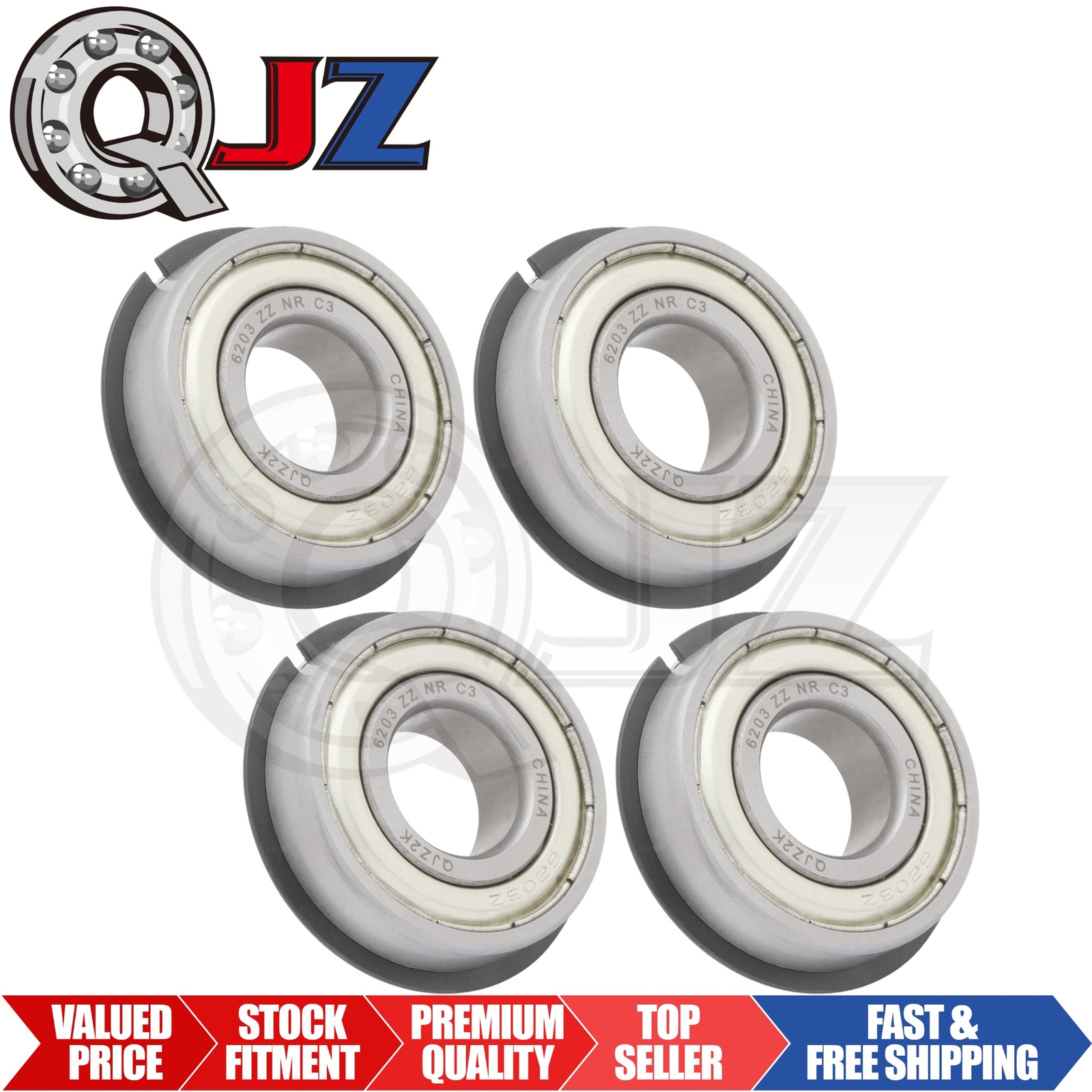 [Qty.4] 6203-ZZ-NR Deep Groove Bearing w/Snap-Ring [17mm ID x 40mm OD x 12mm W]