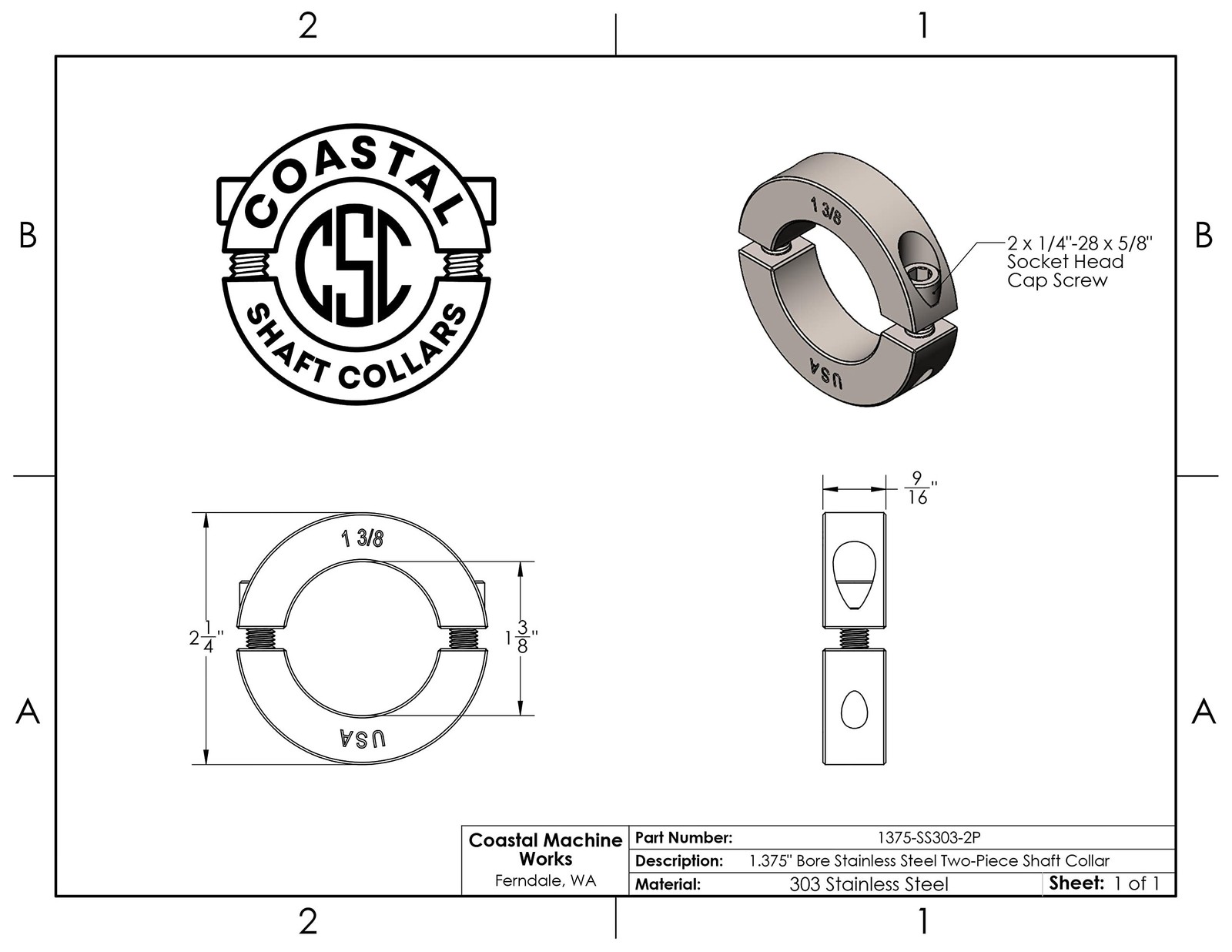 1.375″ Bore Diameter – Clamping Two Piece Shaft Collar – 303 Stainless Steel …