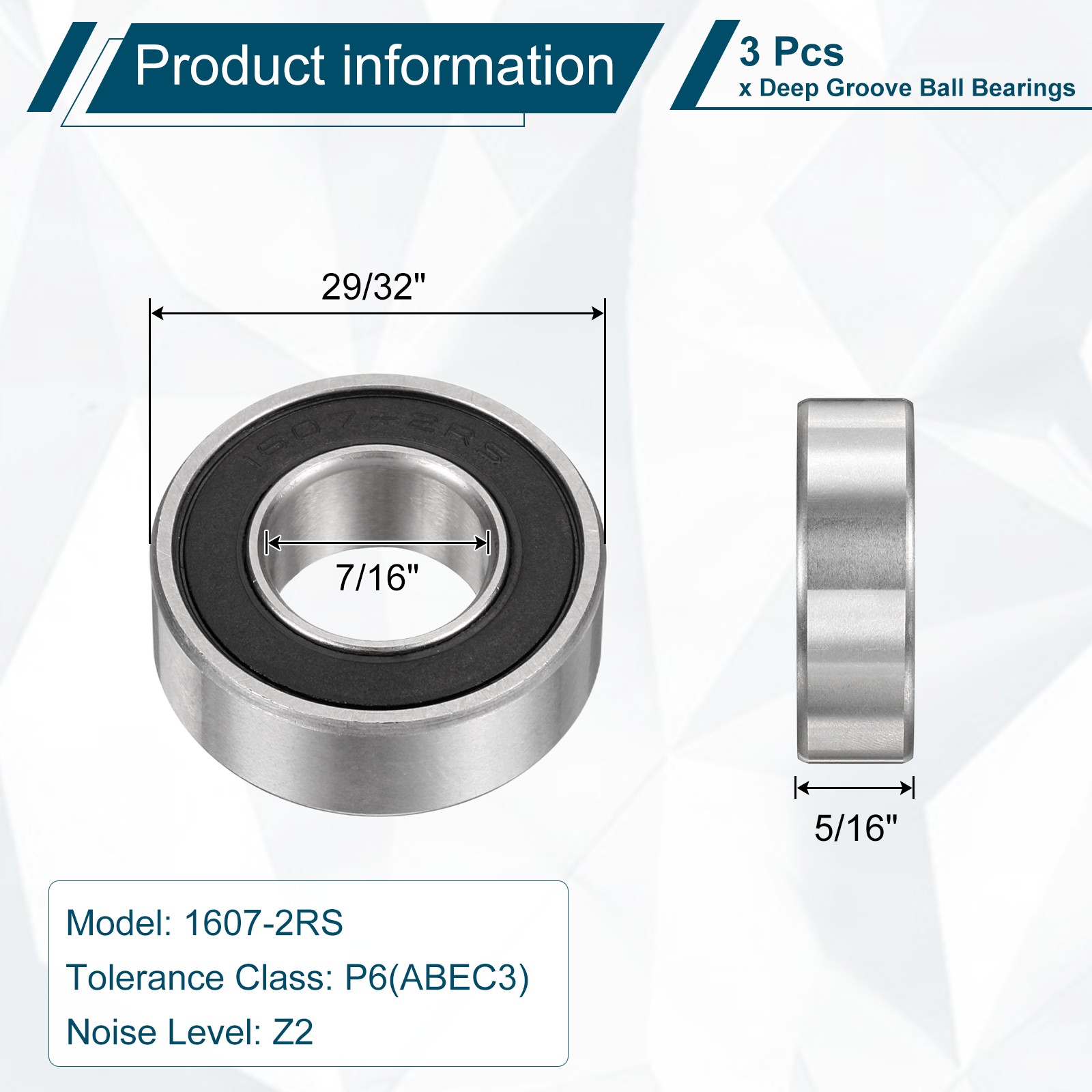 3pcs 1607-2RS Deep Groove Ball Bearing 7/16″ x 29/32″ x 5/16″ Z2 Double Rubber